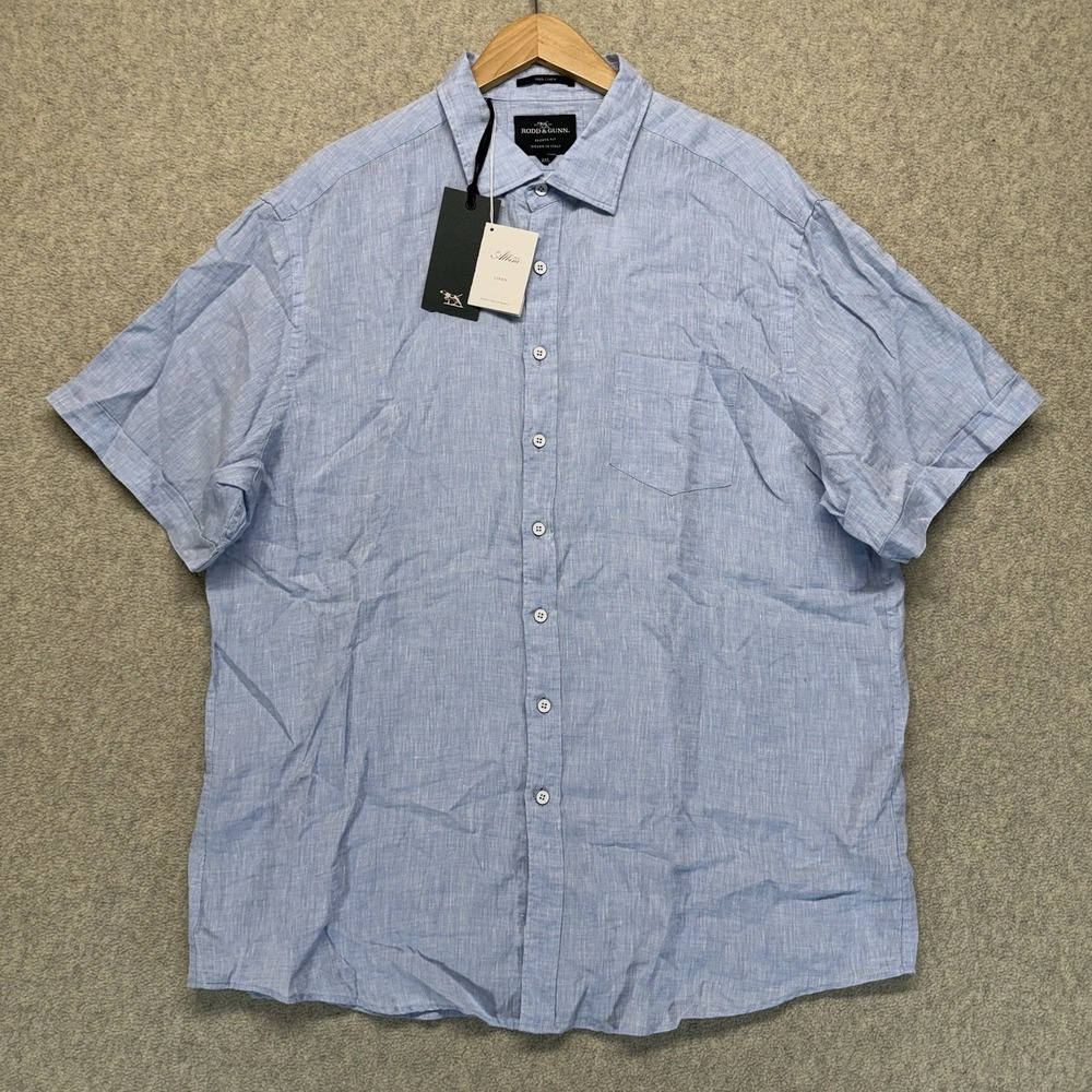 NWT Rodd & Gunn Sports Fit 100% Linen Short Sleeve Button Shirt 3XL Blue
